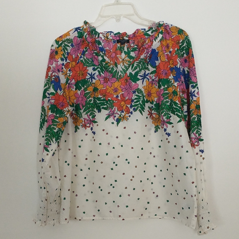 Talbots Cotton Peasant Style Split Neck With Ruffle Smocked Cuffs Popover LG Pet